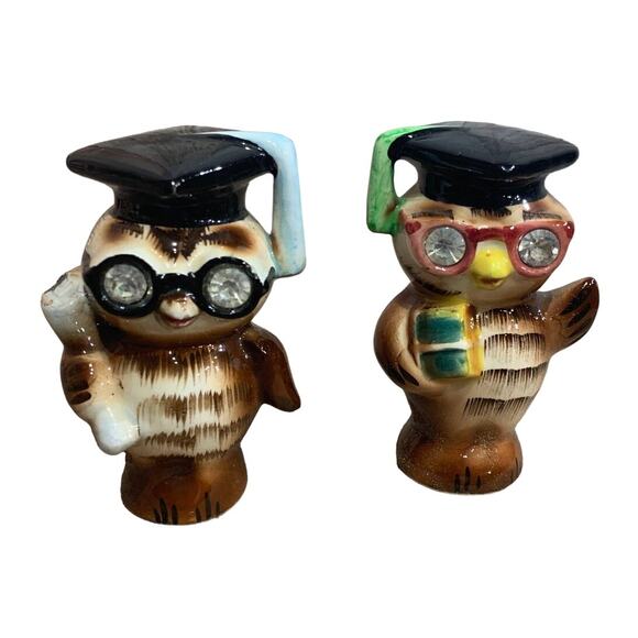 Vintage 1956 Leo Afton Ceramic Graduate Wise Owl Bird Salt Pepper Shaker Set - Picture 1 of 6